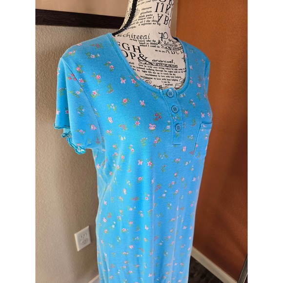 Vintage 90s Moon Dance Blue Floral Butterfly Henley Nightgown Maxi Dress M Soft - Picture 3 of 13